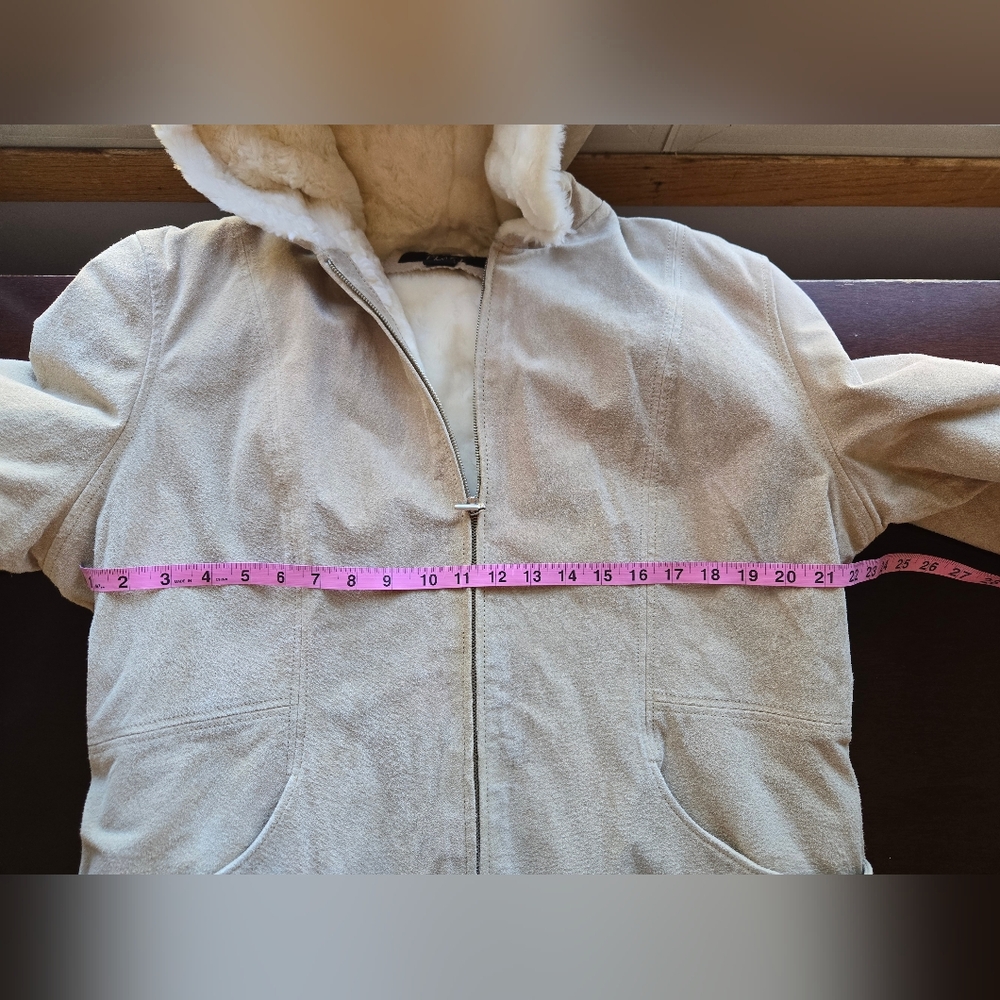 Hudson Place Genuine Suede Leather Hooded Shearling Jacket Tan Large - Picture 5 of 9